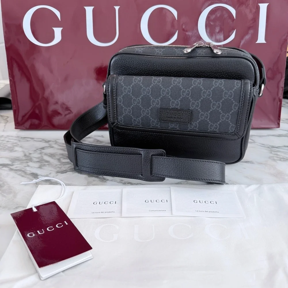 GUCCI 795464 GG Supreme Leather & Canvas Crossbody Bag, Small